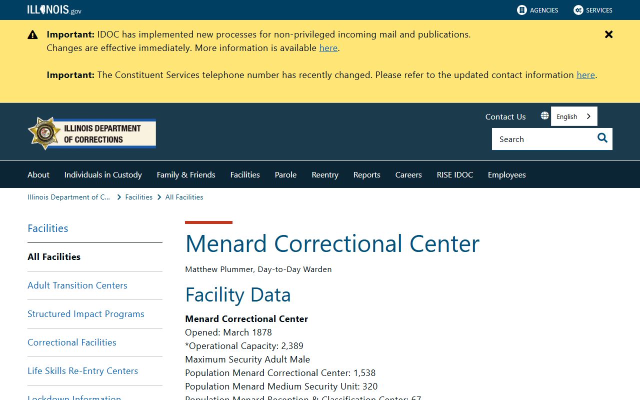Menard Correctional Center IDOC inmate lookup and facility data page