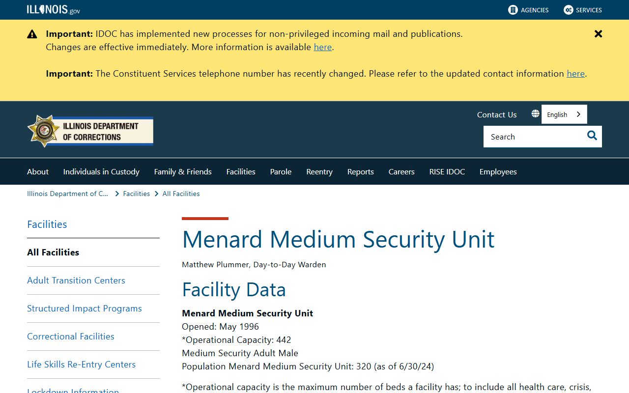 Menard Medium Security Unit IDOC custody search and facility data page