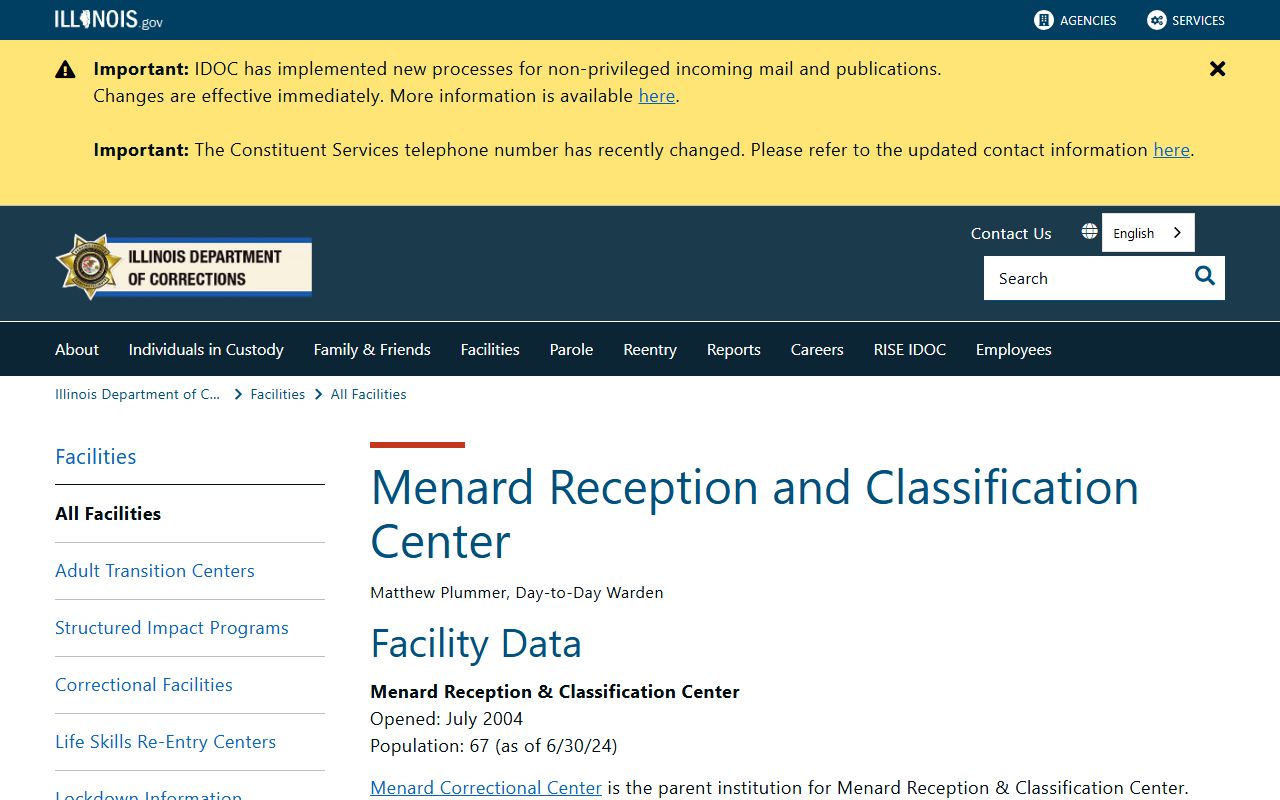 Menard Reception and Classification Center IDOC inmate search and facility data page